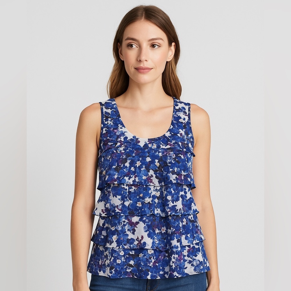 White House Black Market Blue and Purple Ruffled Sleeveless Tank Top 🤍🌷